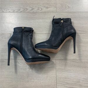 REISS Black Pointed Toe Leather Heeled Ankle Boots